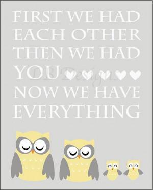 gray and yellow owl family twin siblings nursery quote print 8x10