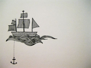 anchor, boat, cute, drawing, waves