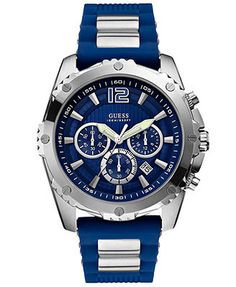 GUESS Watch, Men's Chronograph Steel and Blue Silicone Strap 47mm ...