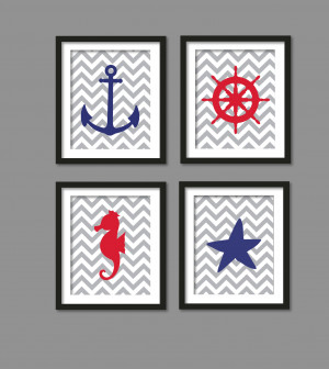 Nursery art, Sea, Anchor, Seahorse,ship steering wheel,starfish - 4 ...
