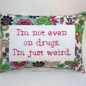 Funny Cross Stitch Pillow, Pink And Green Pillow, Weird Quote