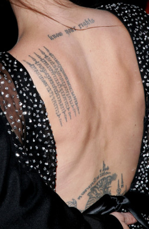 Angelina Jolie – Enormous Tiger Tattoo and Things Written All Over