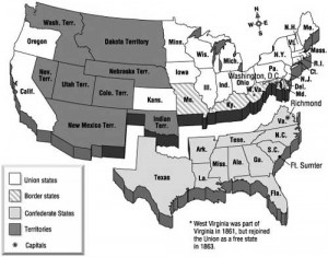 map showing the Union states, Confederate states, and Territories in ...