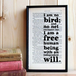 Jane Eyre 'I am no bird' Inspirational Quote on Vintage Book Page