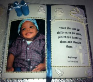 Open Bible themed cake with edible print and blue fondant bootees ...