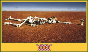 ... ads - A skeleton reaching for a beer can in the middle of the desert