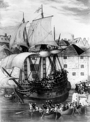 The Mayflower Leaves Plymouth, Heading for America Featured Hot
