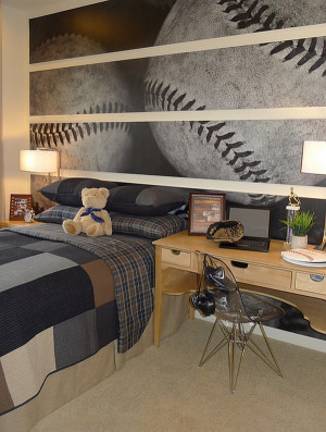 ... basball themed wall mural that looks cool even in adult bedrooms