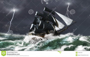Tall ship sailing in heavy seas in a lightning storm, 3d digitally ...
