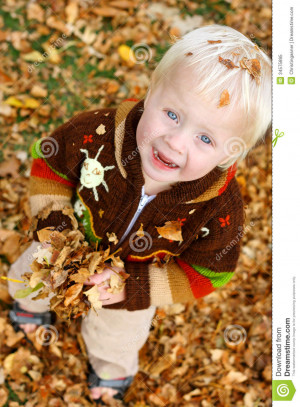 brown sweater is playing outside on an autumn day in a pile of leaves ...