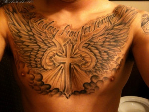Grey Ink Cross And Angel Wings Chest Tattoo