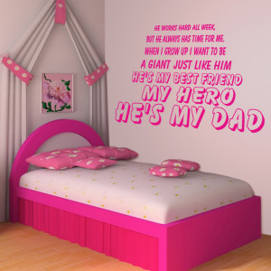 Magenta My Hero He's My Dad wall decal beside a bed