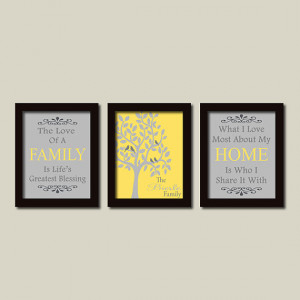 Family Tree Art Name Love Bird Tree Quote Yellow Grey Set of 3 Prints ...