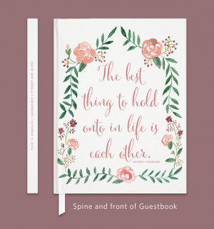 ... , Hardbound Wedding Guestbook, Watercolor Rose, Audrey Hepburn Quote