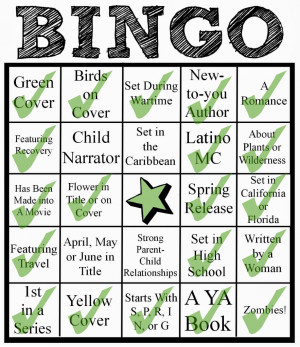 ... further ado, here is my somewhat completed Spring Bookish Bingo card