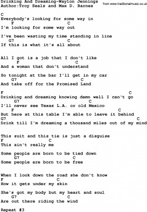 ... music song: Drinking And Dreaming-Waylon Jennings lyrics and chords