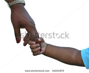 African-American family: child is holding mothers hand isolated on ...