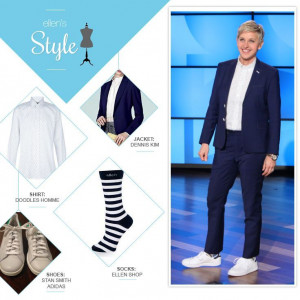 ... of the Day: blue suit, polka dot button up, Ellen socks and adidas