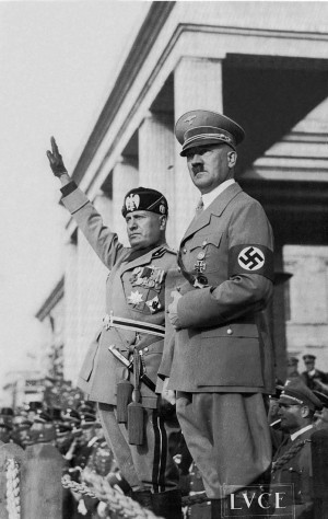 Benito Mussolini (left) and Adolf Hitler on October 25, 1936, when an ...