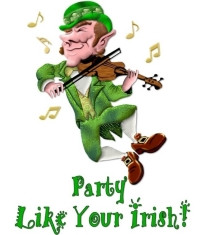 ... Leprechaun in green and Gold. Text says ... Party Like Your Irish