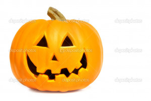 Pumpkin with halloween phrases on white - Stock Image