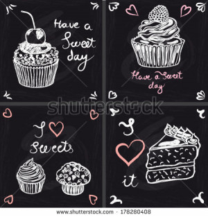 Cute set of cupcakes, muffin and cake on chalkboard background. Hand ...