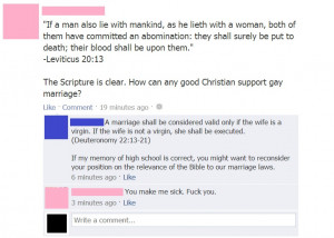 How to use the Bible to humiliate a gay marriage opponent on Facebook.