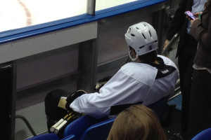 Deryk Engelland takes a seat while waiting for the Zamboni to finish ...
