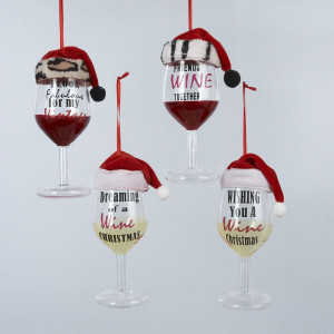 and White Wine Glass with Sayings Christmas Ornaments 5.5