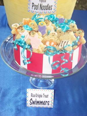 swimming pool filled with Swimmer Rice Krispie Treats.