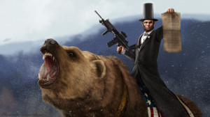 Abraham Lincoln Riding A Grizzly Bear Holding a M-16