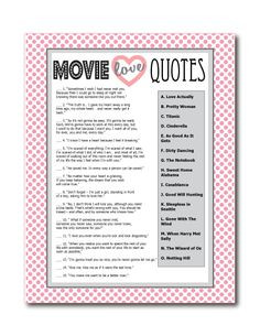 Printable Movie Love Quotes Game - Perfect for a bridal shower game ...