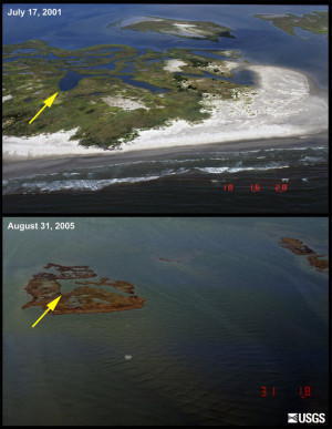 Part of the Chandeleur Islands, before and after Hurricane Katrina ...