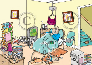 ... and safety cartoon illustrating numerous safety hazards in a care home
