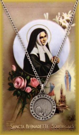 Round St. Bernadette Medal with Prayer Card - Silver tone
