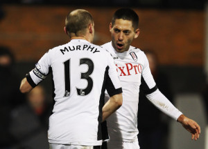 Clint Dempsey Clint Dempsey (R) of Fulham celebrates with team mate ...