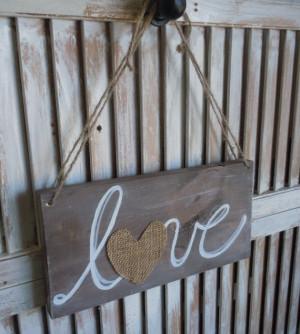Wooden Love Sign with Burlap Heart/Distressed/Shabby Chic