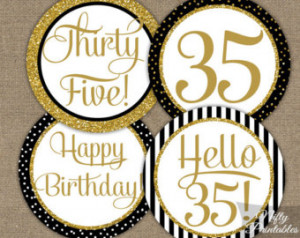35th Birthday Cupcake Toppers - Bla ck & Gold - 35 Years Bday Party ...