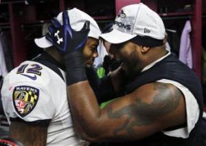 Ray Lewis celebrates with Jacoby Jones following the Ravens' AFC title ...