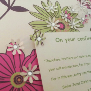 ... Christian confirmation card, pink and green flowers, bible verse