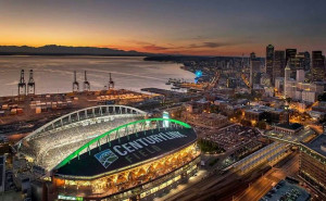 Elliott Bay, Seattle Washington. Century Link Field in foreground ...