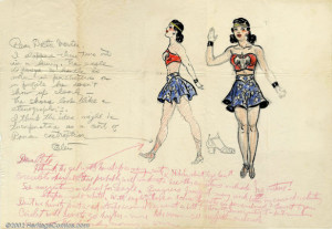 1941 sketch of Wonder Woman's costume, the first of many variations ...