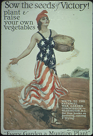 World War I propaganda poster depicts Columbia sowing vegetables.
