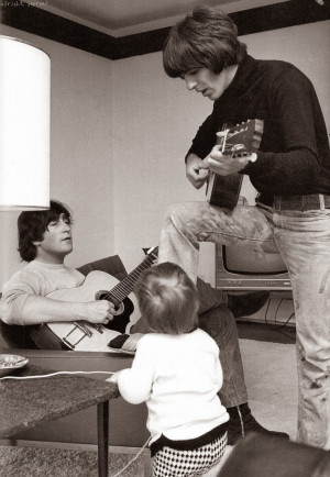 John & Julian Lennon and George Harrison at home in 1965. Photo by ...