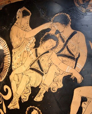 by Eumenides Painter showing Clytemnestra trying to awaken the Erinyes ...