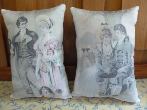 ... TYPE SET OF TWO PILLOWS w AUSTEN 'QUOTES' on BACK from OLD PRINTS