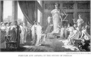 ... and Aspasia admiring the gigantic statue of Athena in Phidias ' studio