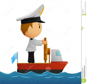 Vector illustration. Cartoon captain sailor in uniform on the ship.