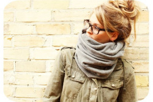 infinity scarf, messy updo, glasses