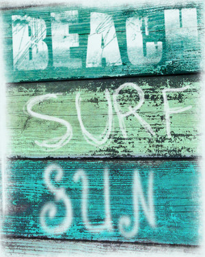 Vintage Beach Sign Art Print - Beach Surf Sun Aqua Green Blue Beach ...